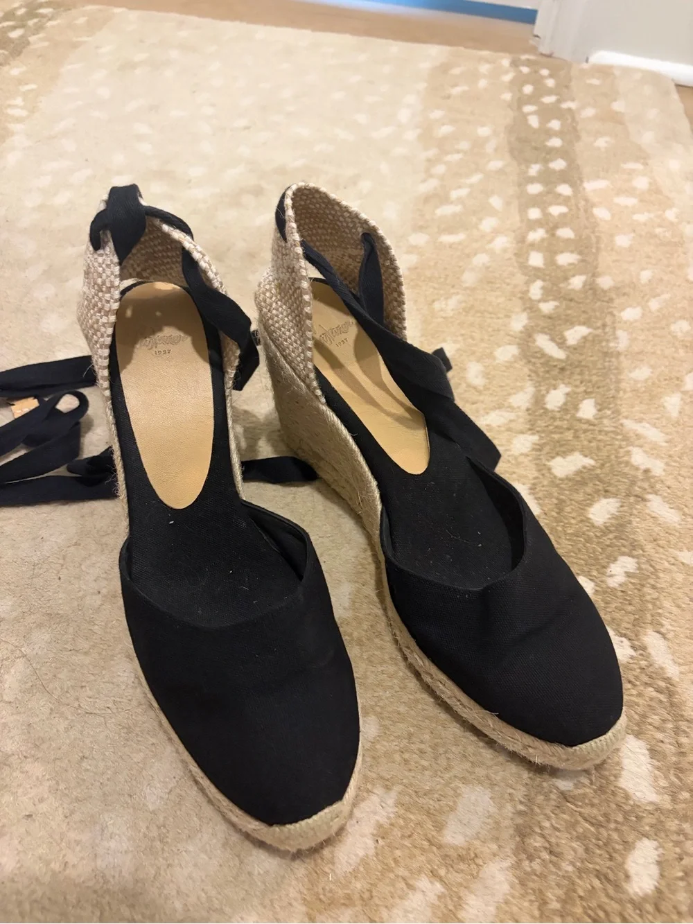 Castaner Black Canvas Espadrille Wedge with Ankle Tie - Picture 2 of 6